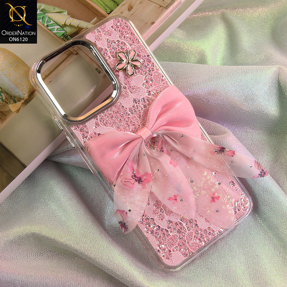 Oppo A6c Cover - Pink - Shockproof Clear Edge Bumper Case with Premium Glitter & 3D Ribbon Cover