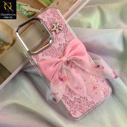 Oppo A6x 4G Cover - Pink - Shockproof Clear Edge Bumper Case with Premium Glitter & 3D Ribbon Cover