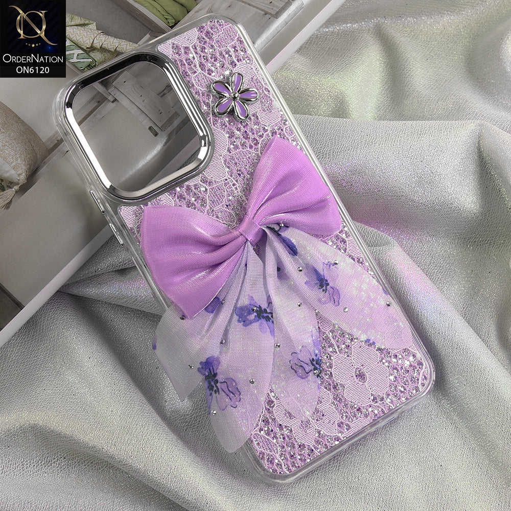 Oppo A6 4G Cover - Purple - Shockproof Clear Edge Bumper Case with Premium Glitter & 3D Ribbon Cover