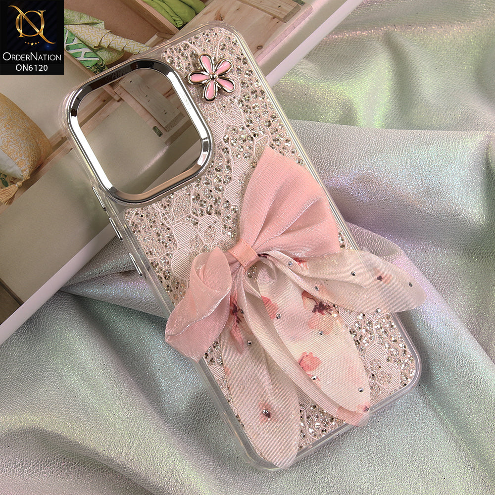 Oppo Reno 15F Cover - Off White - Shockproof Clear Edge Bumper Case with Premium Glitter & 3D Ribbon Cover