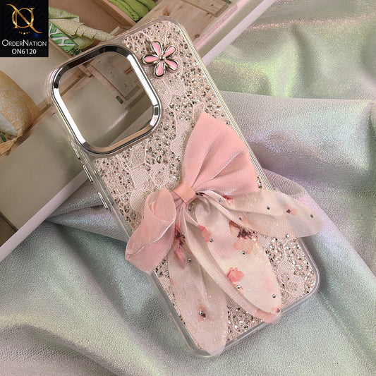 Oppo Reno 15F Cover - Off White - Shockproof Clear Edge Bumper Case with Premium Glitter & 3D Ribbon Cover