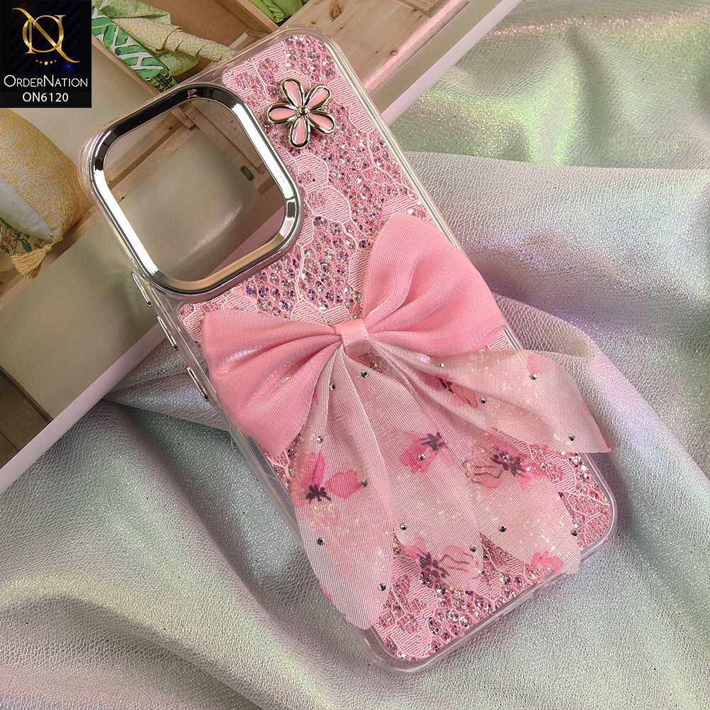 Oppo Reno 15F Cover - Pink - Shockproof Clear Edge Bumper Case with Premium Glitter & 3D Ribbon Cover