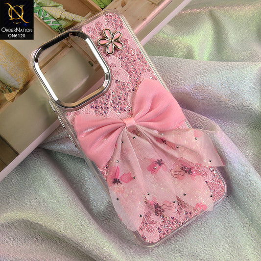Oppo Reno 15F Cover - Pink - Shockproof Clear Edge Bumper Case with Premium Glitter & 3D Ribbon Cover
