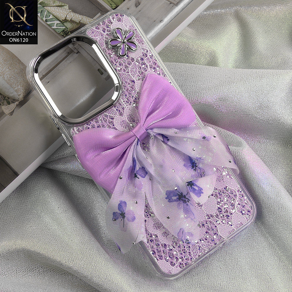 Oppo Reno 15F Cover - Purple - Shockproof Clear Edge Bumper Case with Premium Glitter & 3D Ribbon Cover