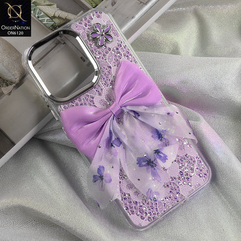 Oppo Reno 15F Cover - Purple - Shockproof Clear Edge Bumper Case with Premium Glitter & 3D Ribbon Cover