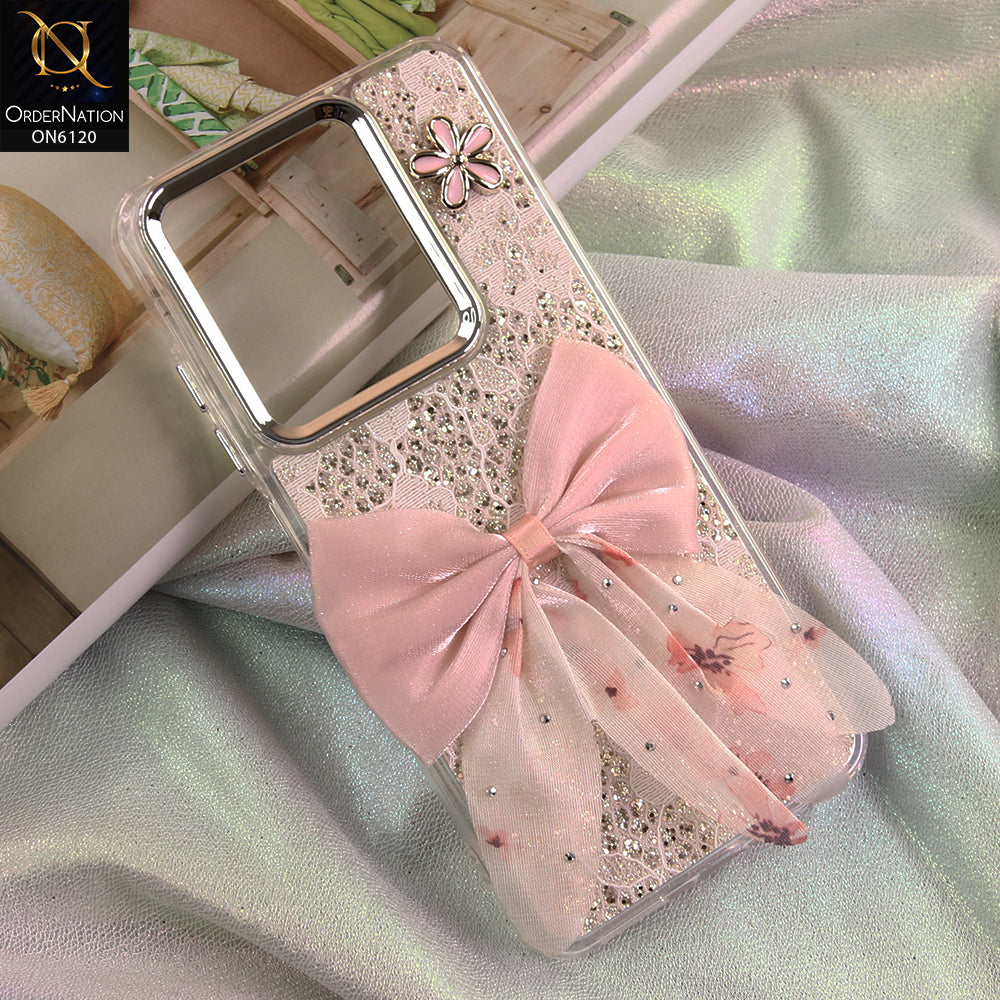 Tecno Pop 8 Cover - Off White - Shockproof Clear Edge Bumper Case with Premium Glitter & 3D Ribbon Cover