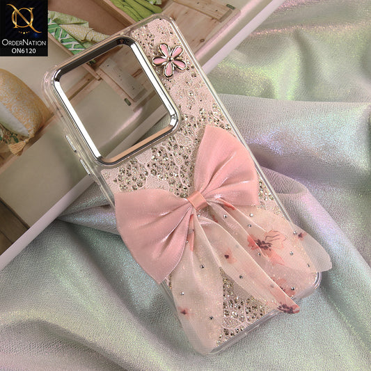 Infinix Smart 8 Cover - Off White - Shockproof Clear Edge Bumper Case with Premium Glitter & 3D Ribbon Cover