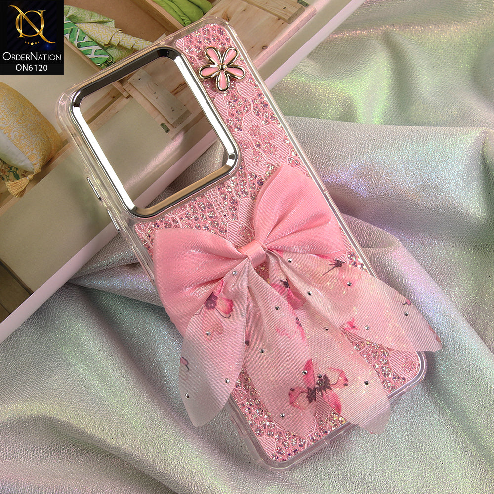 Tecno Spark 20C Cover - Pink - Shockproof Clear Edge Bumper Case with Premium Glitter & 3D Ribbon Cover
