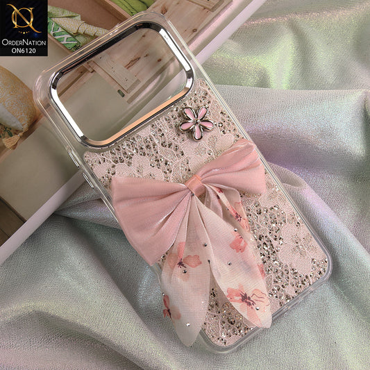 Tecno Spark 50 4G Cover - Off White - Shockproof Clear Edge Bumper Case with Premium Glitter & 3D Ribbon Cover