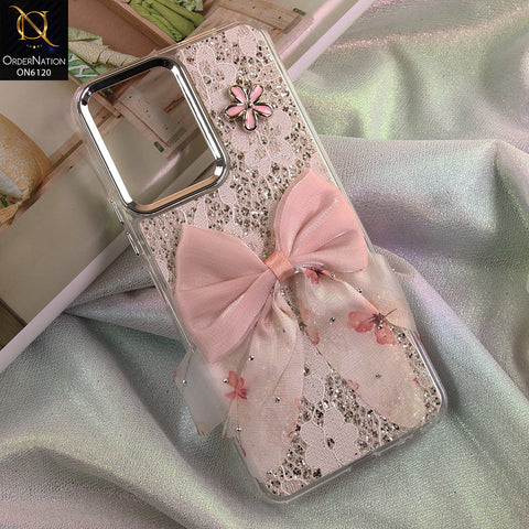 Tecno Spark Go 3 Cover - Off White - Shockproof Clear Edge Bumper Case with Premium Glitter & 3D Ribbon Cover
