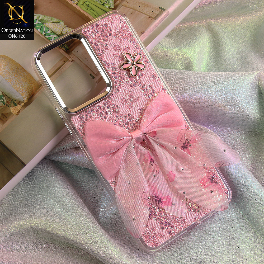 Tecno Spark Go 3 Cover - Pink - Shockproof Clear Edge Bumper Case with Premium Glitter & 3D Ribbon Cover