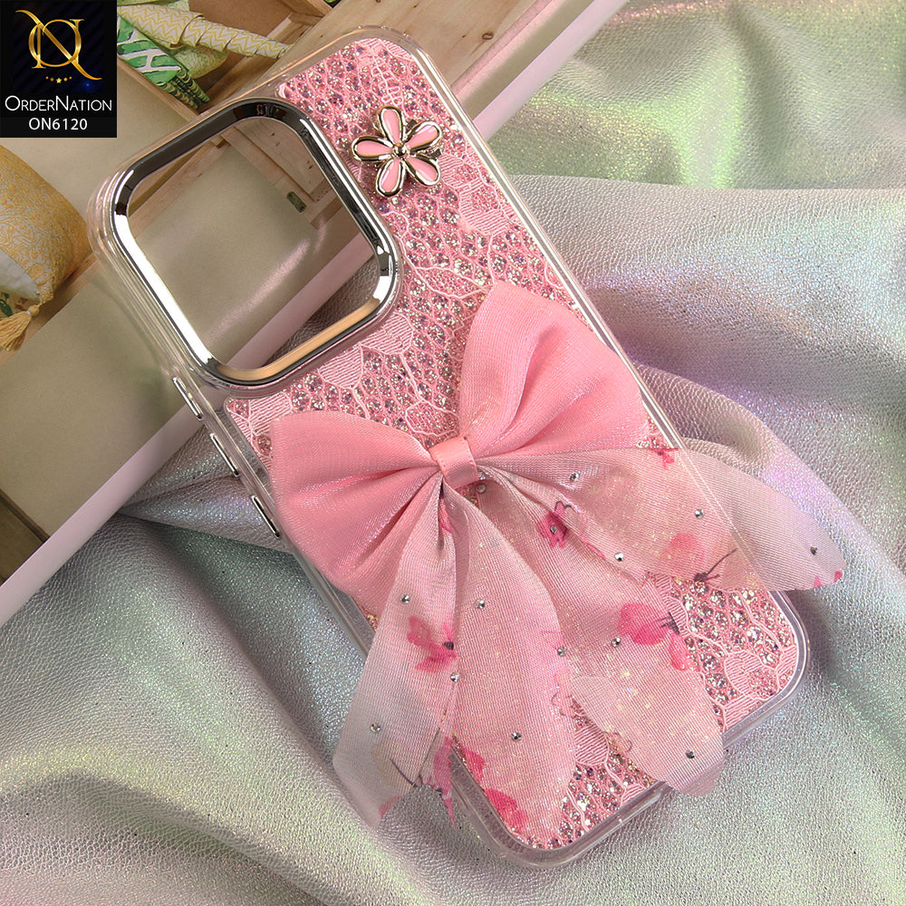 Vivo S50 Cover - Pink - Shockproof Clear Edge Bumper Case with Premium Glitter & 3D Ribbon Cover