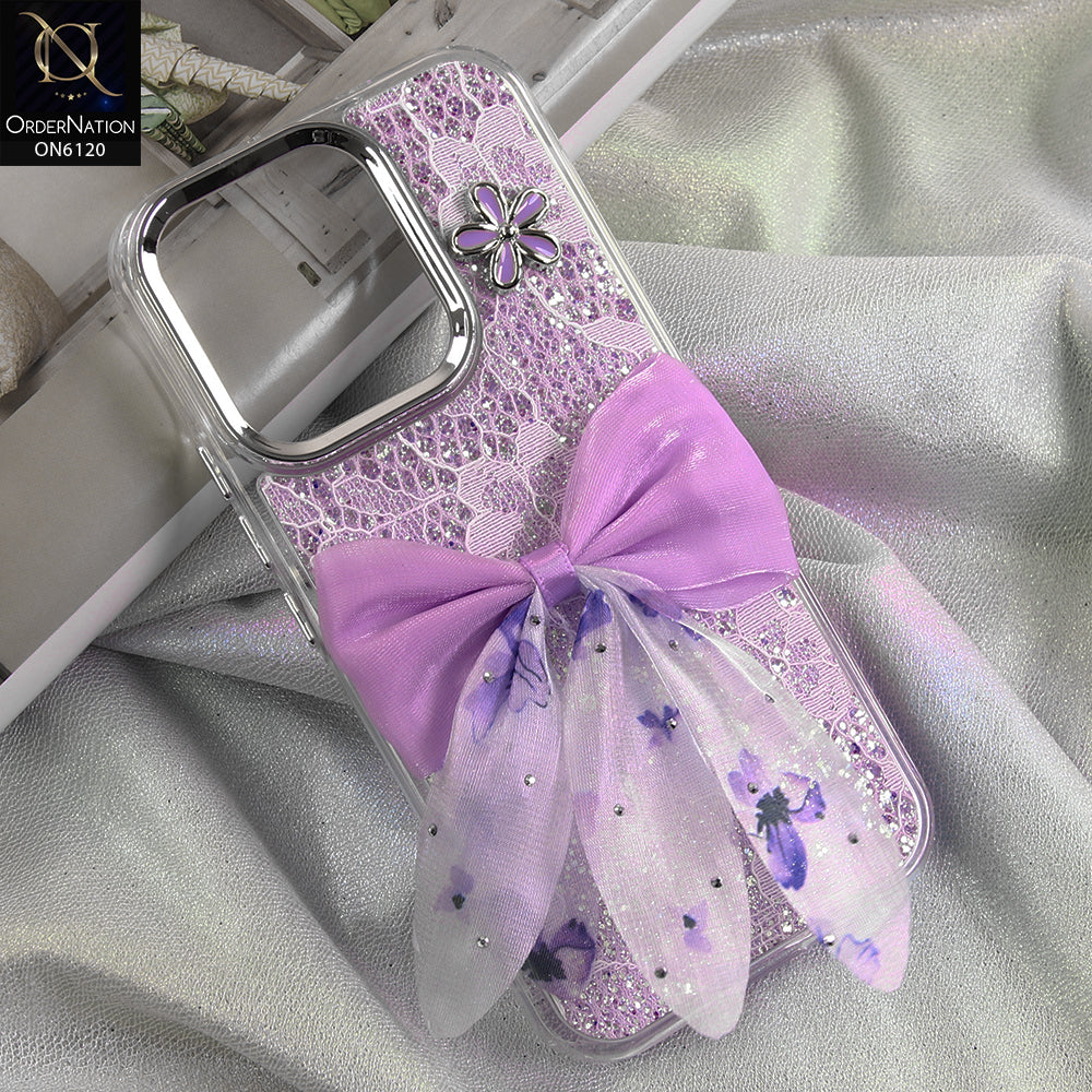 Vivo S50 Cover - Purple - Shockproof Clear Edge Bumper Case with Premium Glitter & 3D Ribbon Cover
