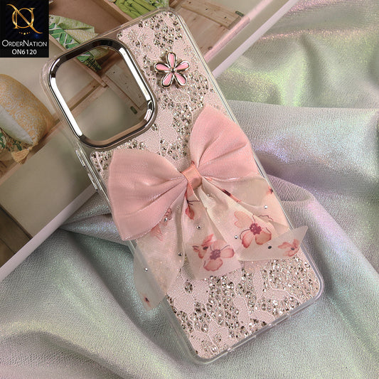 Vivo Y11D 4G Cover - Off White - Shockproof Clear Edge Bumper Case with Premium Glitter & 3D Ribbon Cover