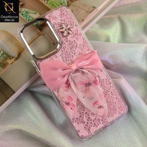 Vivo Y05 Cover - Pink - Shockproof Clear Edge Bumper Case with Premium Glitter & 3D Ribbon Cover