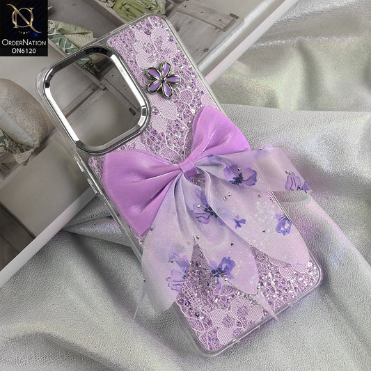 Vivo Y11D 4G Cover - Purple - Shockproof Clear Edge Bumper Case with Premium Glitter & 3D Ribbon Cover