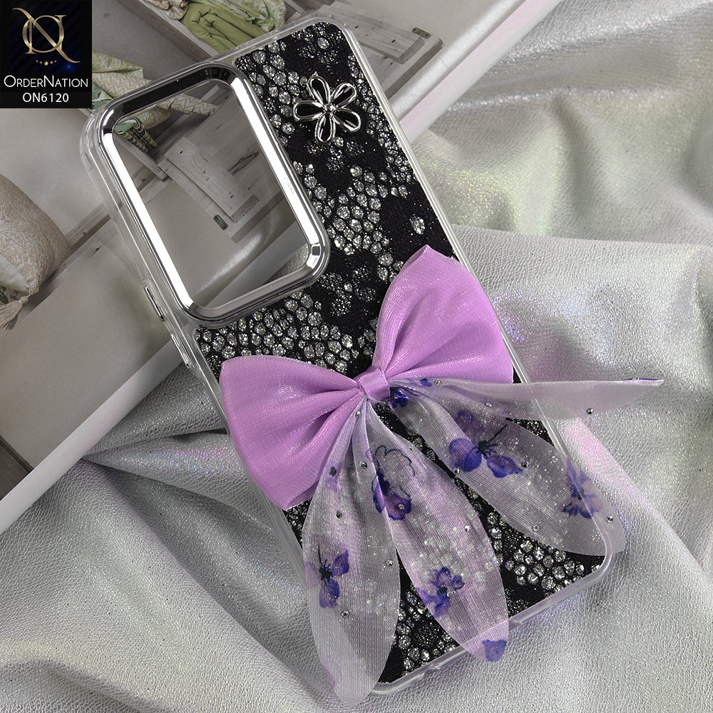 Vivo Y19 Cover - Black - Shockproof Clear Edge Bumper Case with Premium Glitter & 3D Ribbon Cover