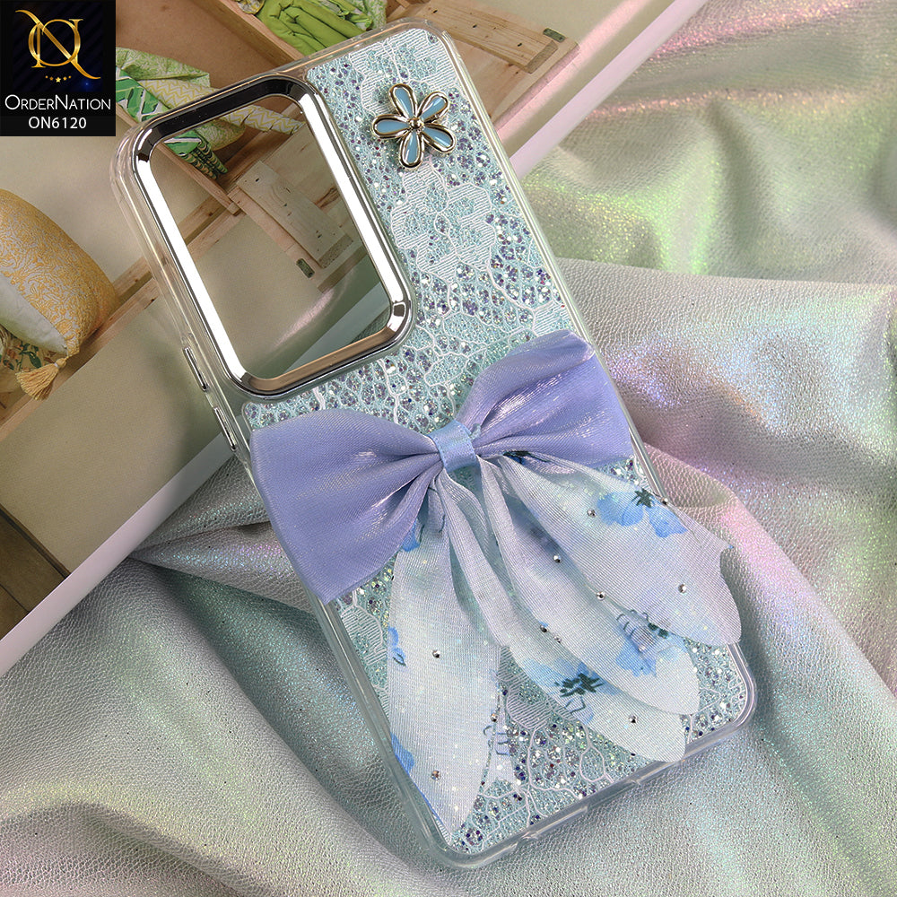 Vivo Y04 Cover - Green - Shockproof Clear Edge Bumper Case with Premium Glitter & 3D Ribbon Cover