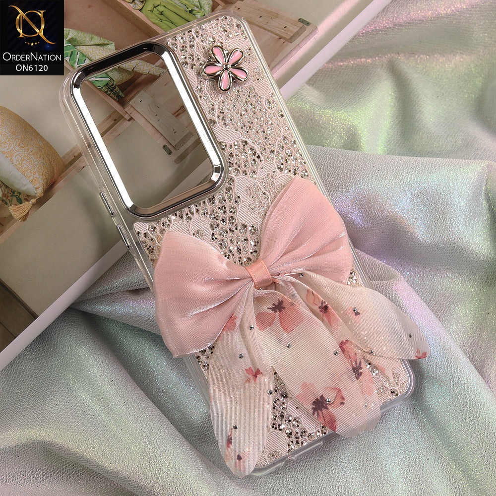 Vivo Y29s Cover - Off White - Shockproof Clear Edge Bumper Case with Premium Glitter & 3D Ribbon Cover
