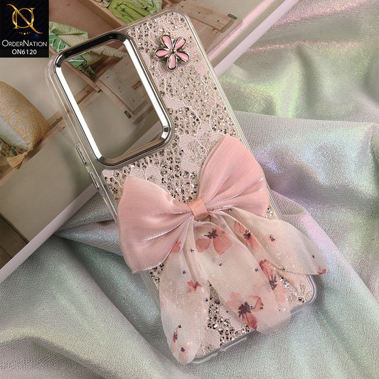 Vivo Y19 Cover - Off White - Shockproof Clear Edge Bumper Case with Premium Glitter & 3D Ribbon Cover