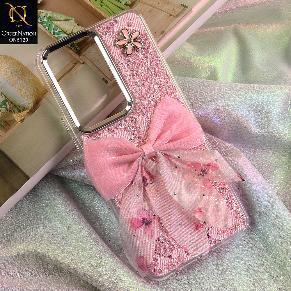 Vivo Y04 Cover - Pink - Shockproof Clear Edge Bumper Case with Premium Glitter & 3D Ribbon Cover