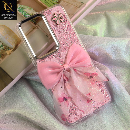 Vivo Y19 Cover - Pink - Shockproof Clear Edge Bumper Case with Premium Glitter & 3D Ribbon Cover