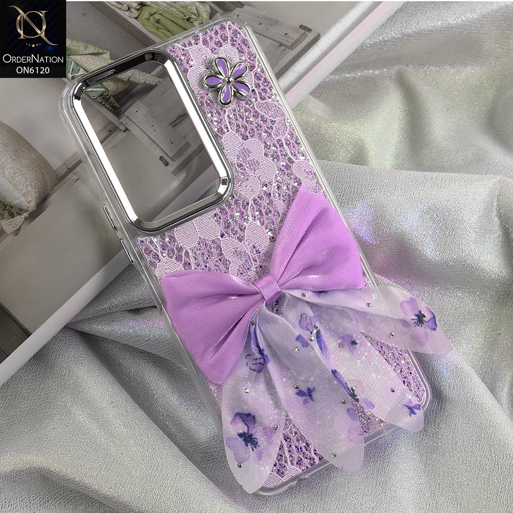 Vivo Y29s Cover - Purple - Shockproof Clear Edge Bumper Case with Premium Glitter & 3D Ribbon Cover