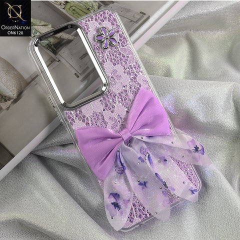 Vivo Y29s Cover - Purple - Shockproof Clear Edge Bumper Case with Premium Glitter & 3D Ribbon Cover