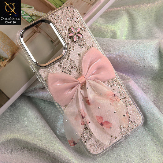 Vivo Y31d Cover - Off White - Shockproof Clear Edge Bumper Case with Premium Glitter & 3D Ribbon Cover