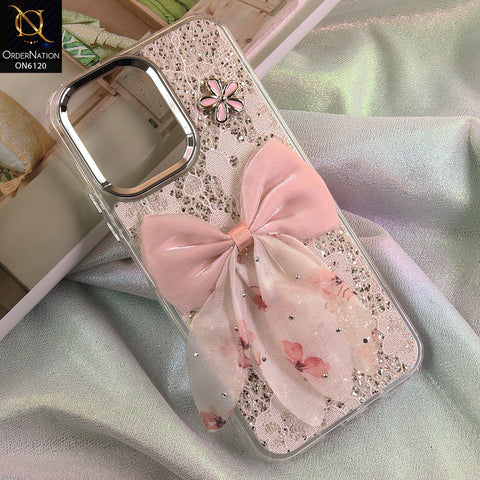 Vivo Y31d Cover - Off White - Shockproof Clear Edge Bumper Case with Premium Glitter & 3D Ribbon Cover