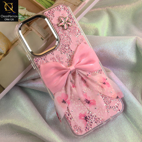 Vivo Y31d Cover - Pink - Shockproof Clear Edge Bumper Case with Premium Glitter & 3D Ribbon Cover