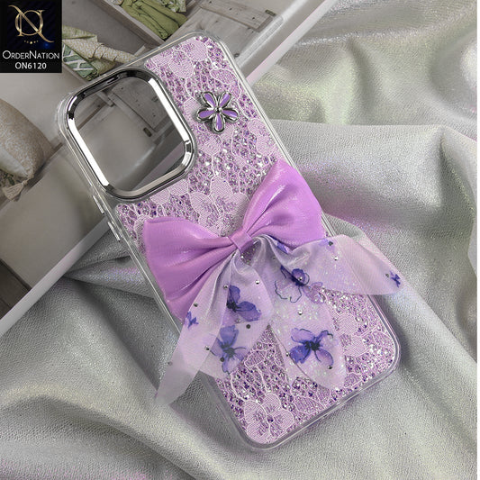 Vivo Y31d Cover - Purple - Shockproof Clear Edge Bumper Case with Premium Glitter & 3D Ribbon Cover