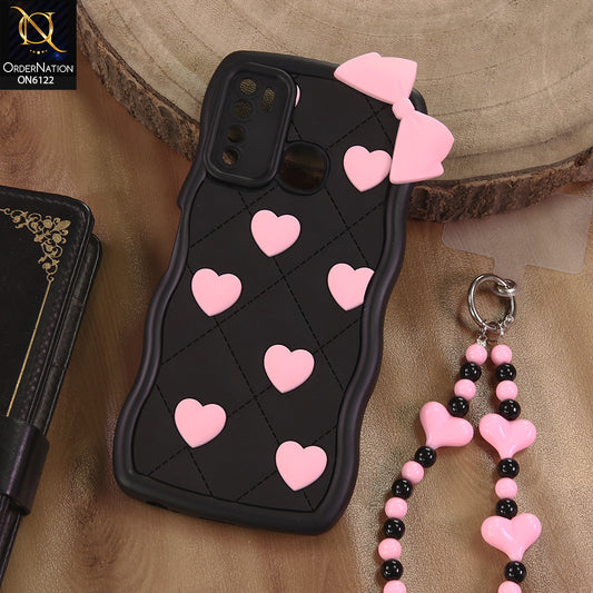 Tecno Camon 15 Cover  - Black - 3D Pink Heart with Bow-Knot Design Soft Protective Case With Phone Charm
