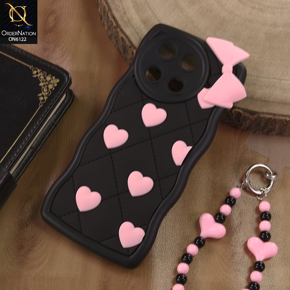 Tecno Camon 30S Cover  - Black - 3D Pink Heart with Bow-Knot Design Soft Protective Case With Phone Charm