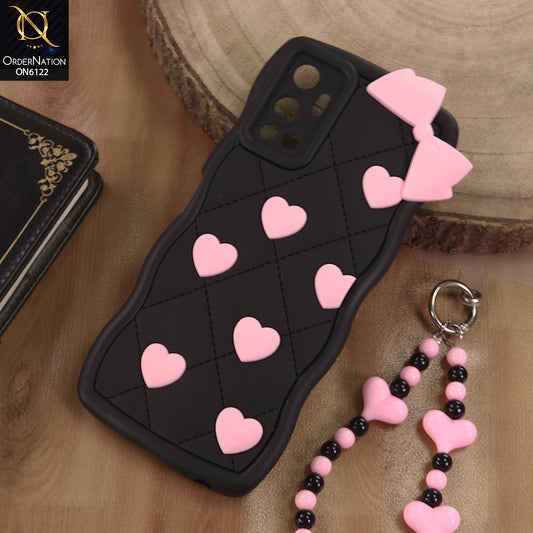 Infinix Hot 12 Cover  - Black - 3D Pink Heart with Bow-Knot Design Soft Protective Case With Phone Charm
