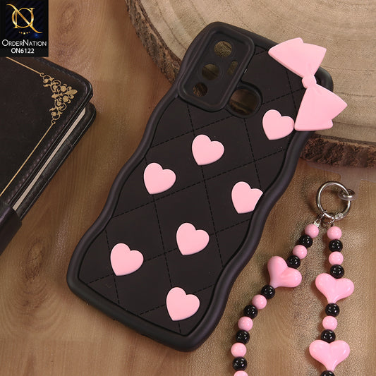 Infinix Hot 12 Play Cover  - Black - 3D Pink Heart with Bow-Knot Design Soft Protective Case With Phone Charm