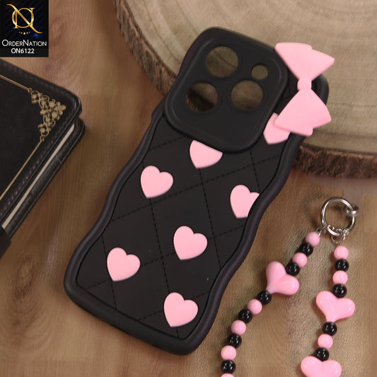 Infinix Hot 40 Pro Cover  - Black - 3D Pink Heart with Bow-Knot Design Soft Protective Case With Phone Charm