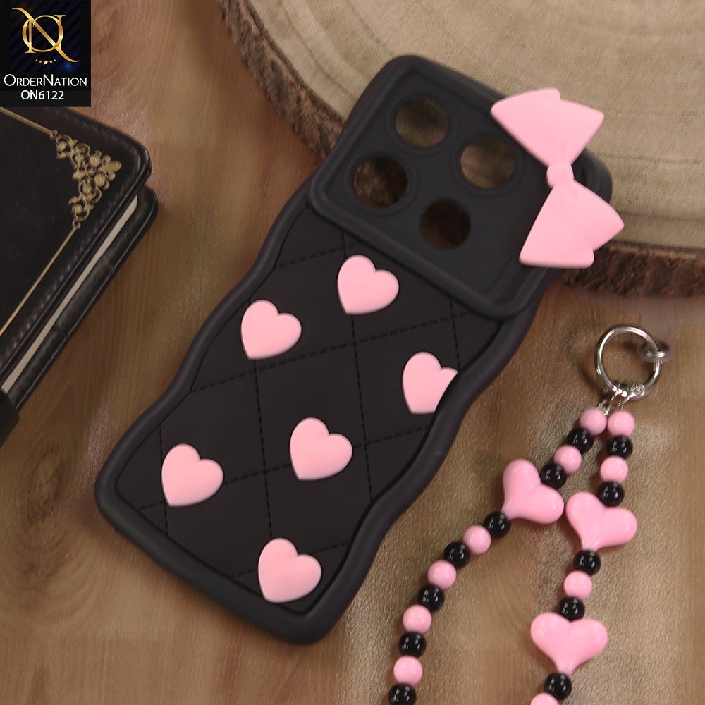 Infinix Note 40 Pro Cover  - Black - 3D Pink Heart with Bow-Knot Design Soft Protective Case With Phone Charm