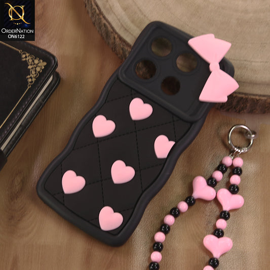 Infinix Note 40 Pro Plus Cover  - Black - 3D Pink Heart with Bow-Knot Design Soft Protective Case With Phone Charm