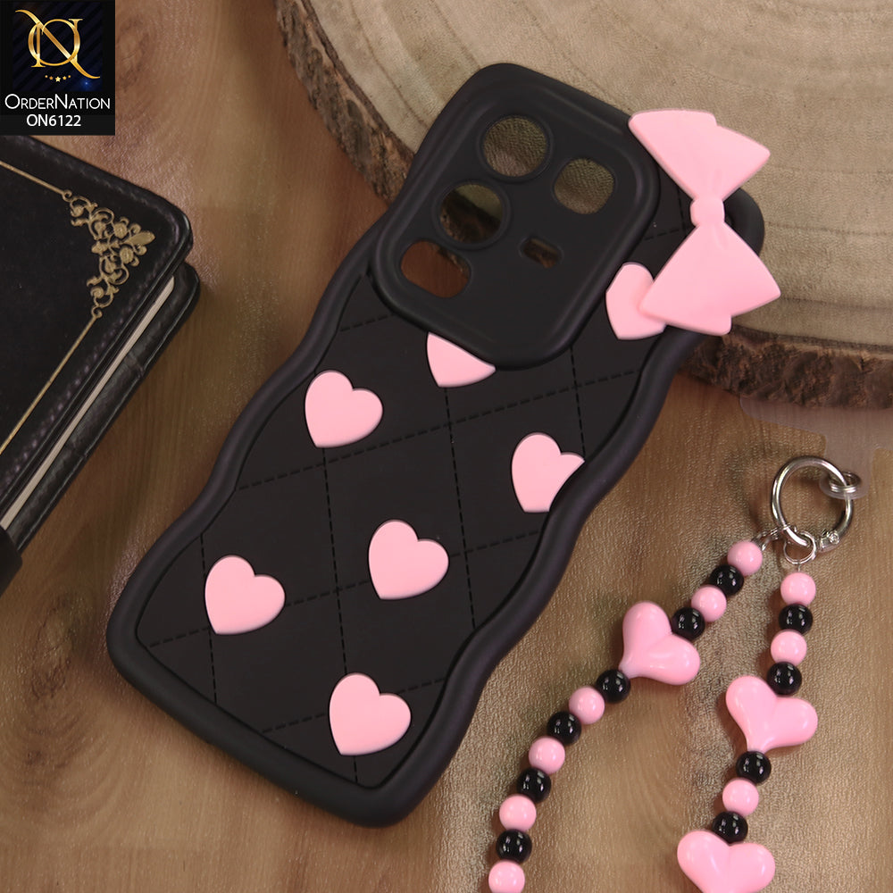 Infinix Note 50 4G Cover  - Black - 3D Pink Heart with Bow-Knot Design Soft Protective Case With Phone Charm