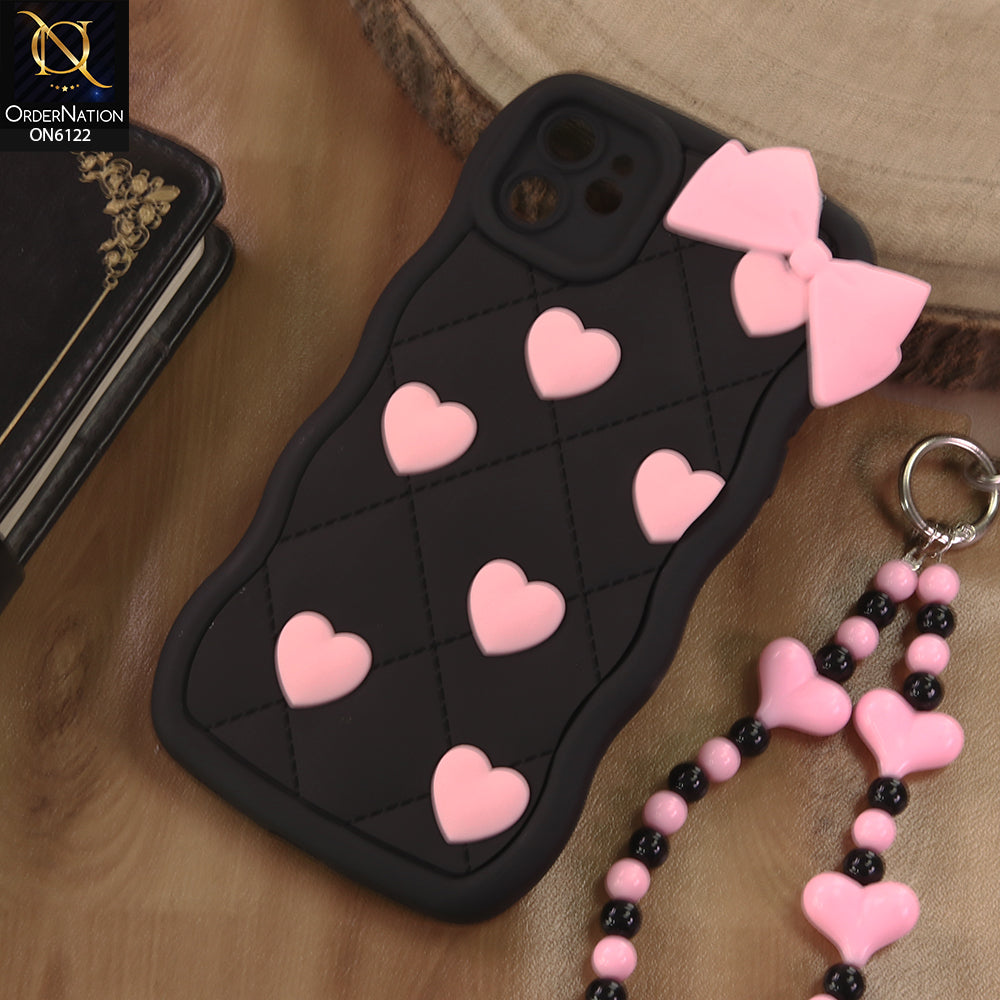 iPhone 11 Cover  - Black - 3D Pink Heart with Bow-Knot Design Soft Protective Case With Phone Charm