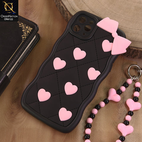iPhone 11 Pro Max Cover  - Black - 3D Pink Heart with Bow-Knot Design Soft Protective Case With Phone Charm