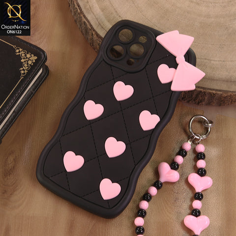 iPhone 12 Pro Max Cover  - Black - 3D Pink Heart with Bow-Knot Design Soft Protective Case With Phone Charm