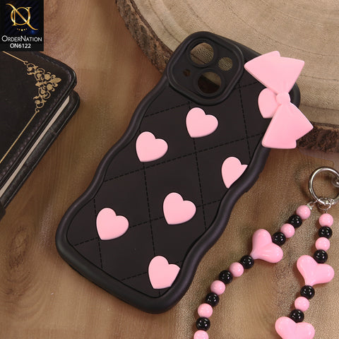 iPhone 14 Cover  - Black - 3D Pink Heart with Bow-Knot Design Soft Protective Case With Phone Charm