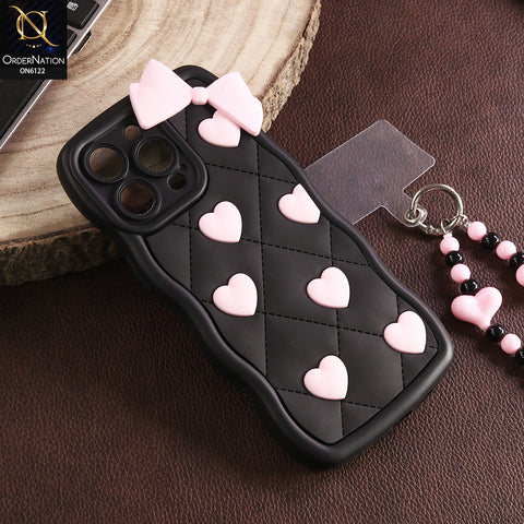 iPhone 14 Pro Max Cover - Black - 3D Pink Heart with Bow-Knot Design Soft Protective Case With Phone Charm