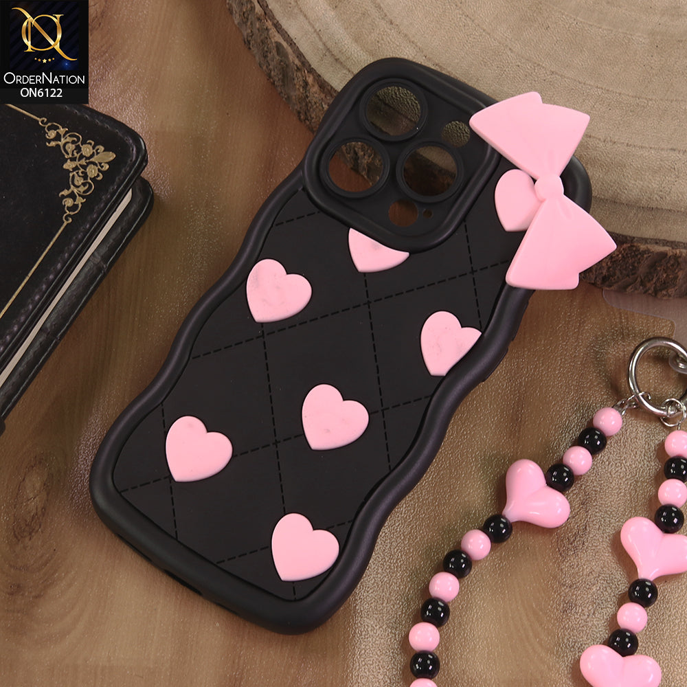 iPhone 14 Pro Cover  - Black - 3D Pink Heart with Bow-Knot Design Soft Protective Case With Phone Charm