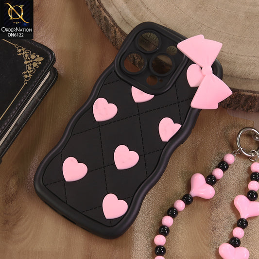 iPhone 14 Pro Cover  - Black - 3D Pink Heart with Bow-Knot Design Soft Protective Case With Phone Charm