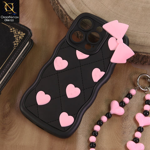 iPhone 14 Pro Cover  - Black - 3D Pink Heart with Bow-Knot Design Soft Protective Case With Phone Charm