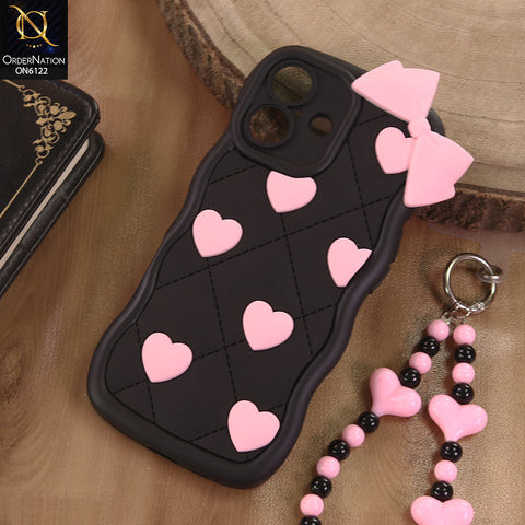iPhone 16 Cover  - Black - 3D Pink Heart with Bow-Knot Design Soft Protective Case With Phone Charm