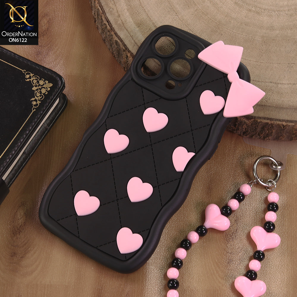 iPhone 16 Pro Cover  - Black - 3D Pink Heart with Bow-Knot Design Soft Protective Case With Phone Charm